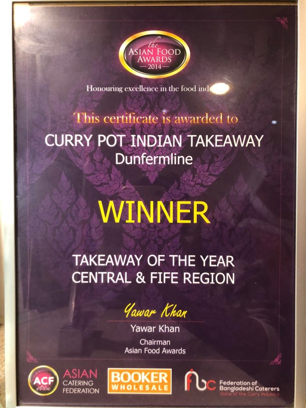 Curry Pot Indian Takeaway award